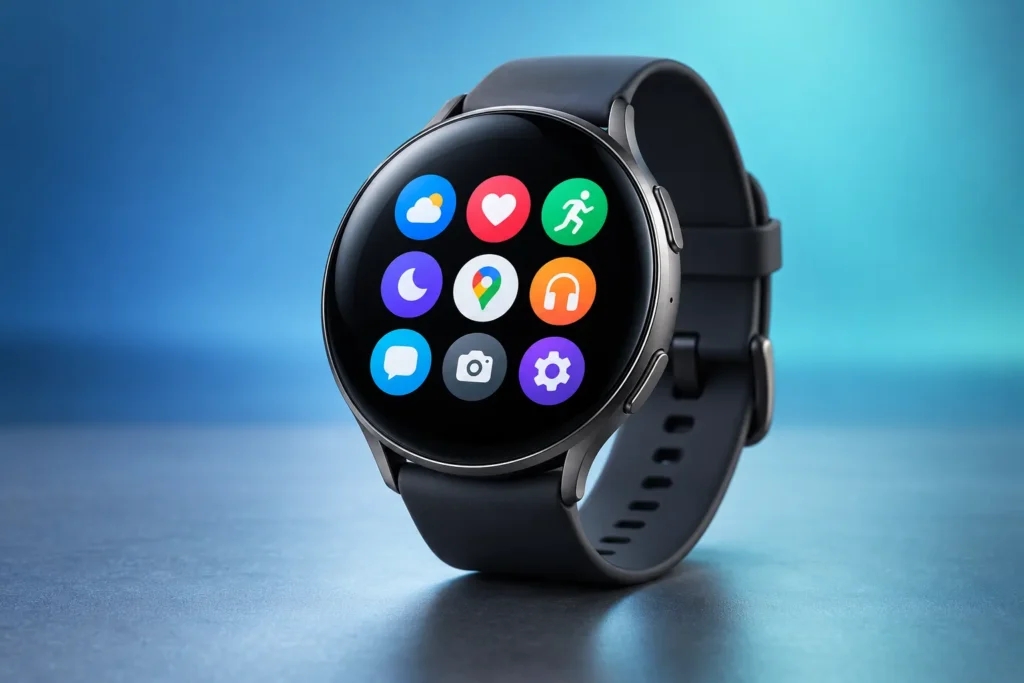 A modern Wear OS smartwatch displaying a grid of colorful apps