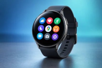 A modern Wear OS smartwatch displaying a grid of colorful apps