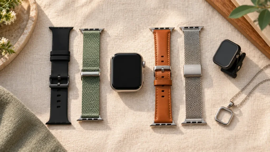 Alternative ways to wear an Apple Watch: sport, nylon loop, leather and mesh bands with a clip-on holder and pendant