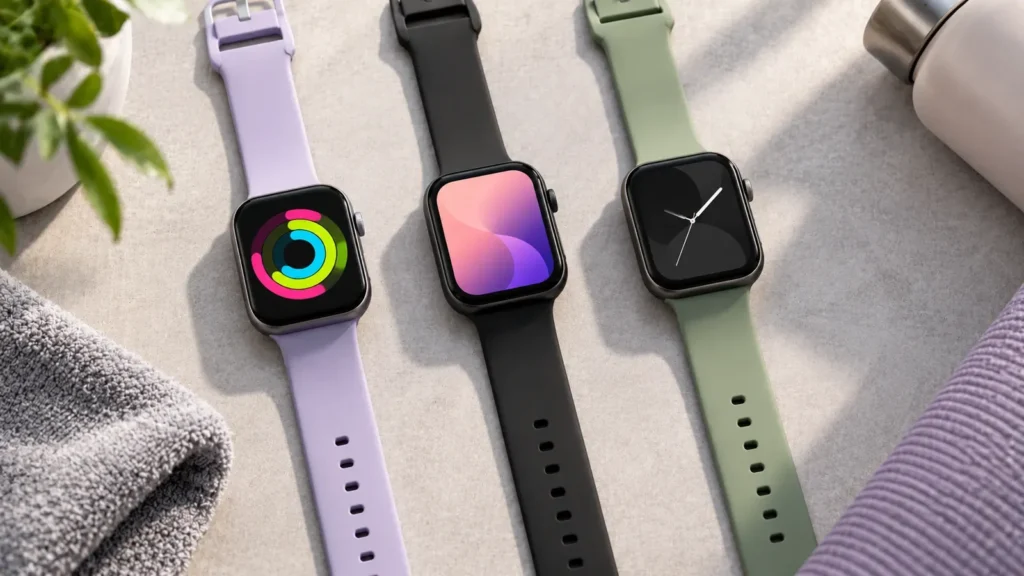Best Fitbit clock faces shown on three smartwatches with lavender, black and sage green bands