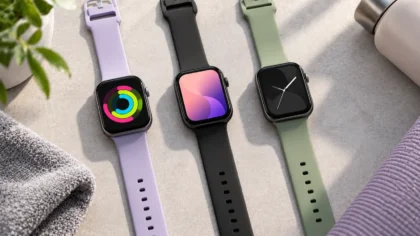Best Fitbit clock faces shown on three smartwatches with lavender, black and sage green bands