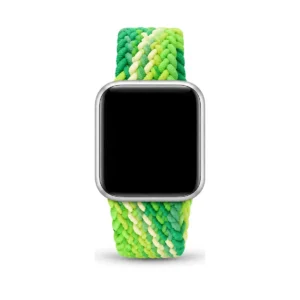 Braided solo loop band in green gradient, compatible with Apple Watch, on a white background