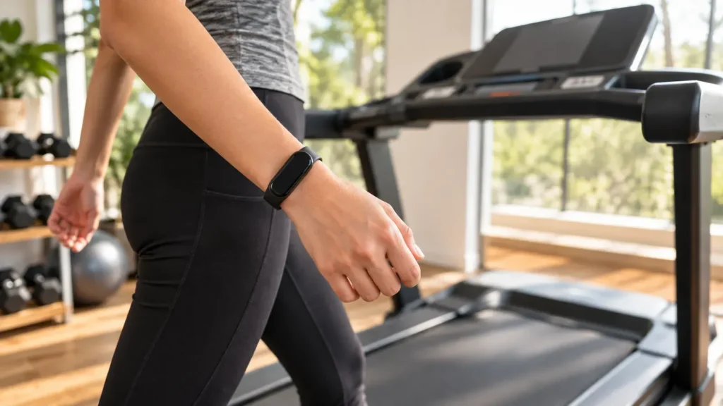 Does Fitbit count steps on a treadmill: person walking on a treadmill with a fitness tracker on a free-swinging wrist