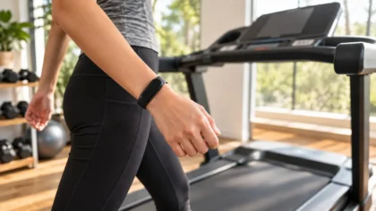 Does Fitbit count steps on a treadmill: person walking on a treadmill with a fitness tracker on a free-swinging wrist